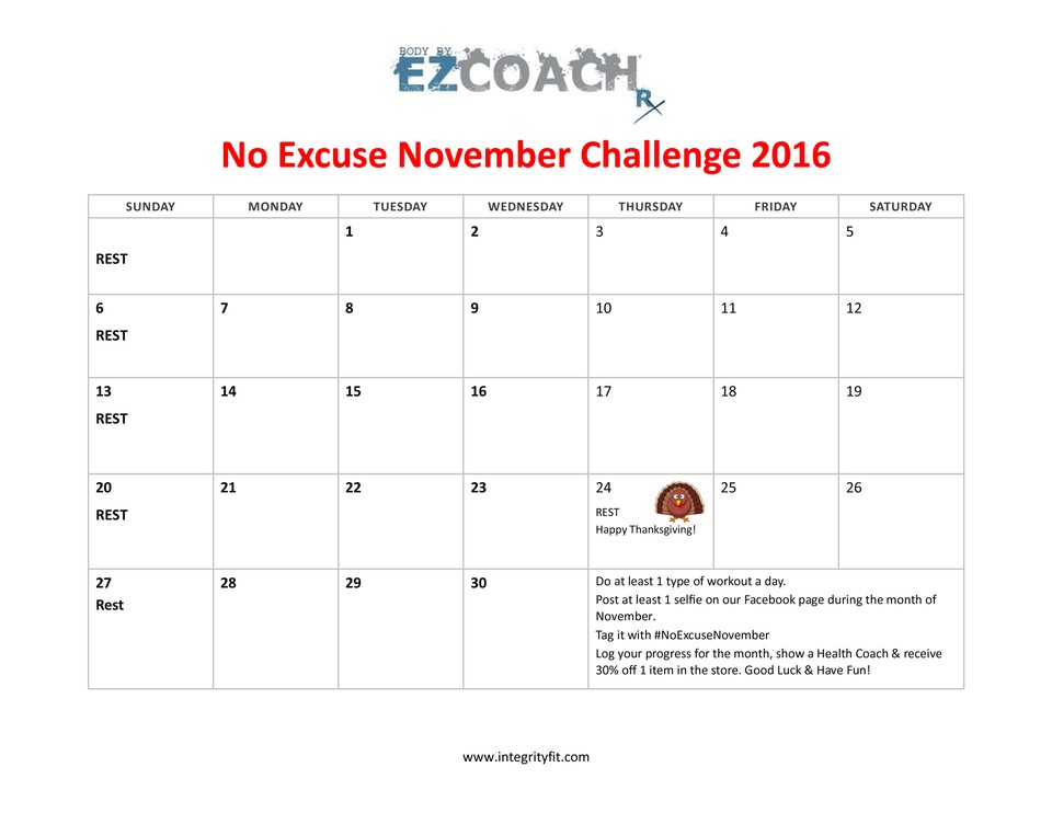 No Excuse November Challenge at Integrity Health Coaching Centers in NH!