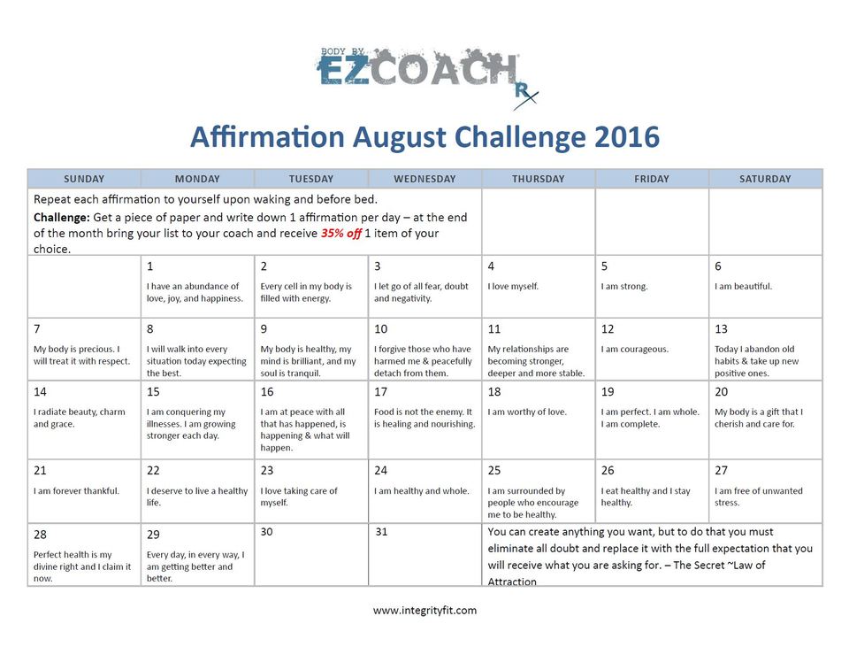Affirmation August Challenge with Integrity Health Coaching Centers and Gyms in NH